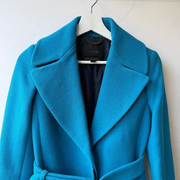 J.Crew Double Cloth Italian Wool Belted long Coat Women’s Size 0 Blue - Picture 9 of 13